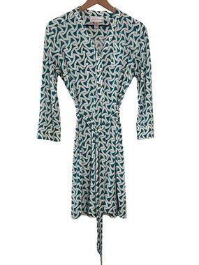 Donna Morgan Teal White Tie Waist Career Dress Size 6 Abstract Print